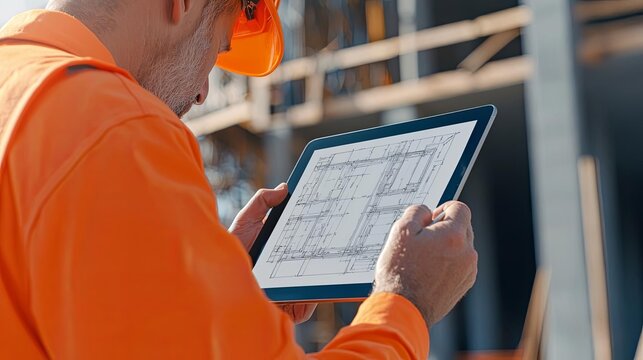 Construction worker reviews building plans on a tablet at a construction site.
