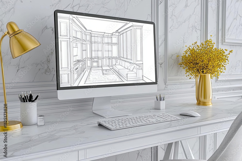 Poster stylish workspace with a computer displaying architectural design plans.