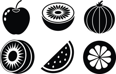 6 Vector Silhouette Fruits Icon Set - Minimalist Fruit Clipart Collection