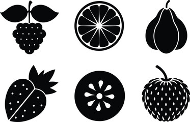 6 Vector Silhouette Fruits Icon Set - Minimalist Fruit Clipart Collection
