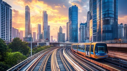 Fototapeta premium A vibrant city sunset with a train gliding through modern skyscrapers.