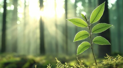 Obraz premium forestry industry concept. A single green plant with dew in a sunlit forest setting.
