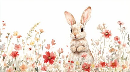 Obraz premium Adorable Watercolor Bunny in a Floral Meadow