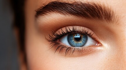 Obraz premium A detailed close-up image of a blue eye with a piercing iris, delicately framed by eyelashes, emphasizing the complexity and beauty of human vision.