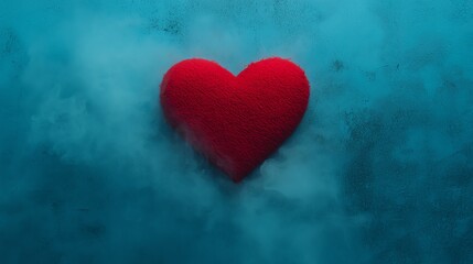 Fototapeta premium A vibrant red heart symbolizing love on a tranquil blue background with soft clouds.