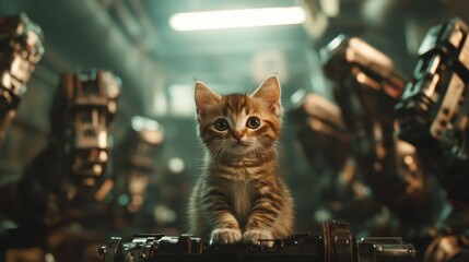 An adorable kitten poses confidently in a futuristic environment, surrounded by robotic elements that juxtapose nature with advanced technology remarkably.