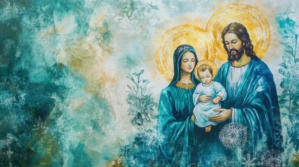 Watercolor depiction of Mary, Joseph, and baby Jesus, glowing halos and intricate details creating a serene, heavenly ambiance. © 69 Timeless  Studio 