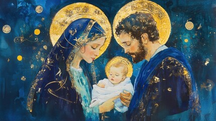 Watercolor depiction of Mary, Joseph, and baby Jesus, glowing halos and intricate details creating a serene, heavenly ambiance. © 69 Timeless  Studio 