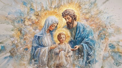 Watercolor painting of the Holy Family with glowing halos, surrounded by radiant, detailed strokes and heavenly peace.