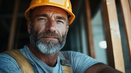 A seasoned construction worker, wearing a reflective yellow hard hat, gazes forward with confidence and experience, framed by the wooden beams of an active site.