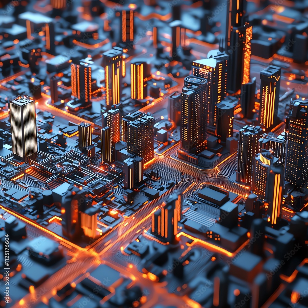 Poster aerial view of a futuristic cityscape with glowing lights and intricate structures.