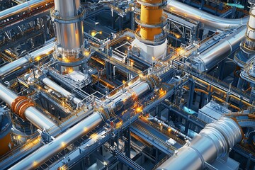 Aerial view of complex industrial pipeline system with metallic structures.