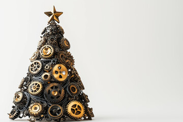 Unique steampunk Christmas tree made of gears displayed on neutral background. Generative AI