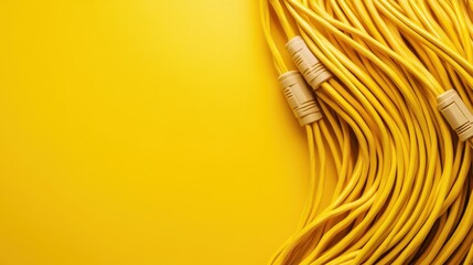 A collection of neatly arranged yellow cables on a vibrant yellow background, symbolizing order, technology, and the potential for connection and communication.
