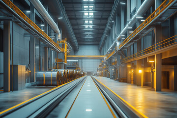 Fototapeta premium Industrial warehouse interior with machinery and storage at night. Generative AI