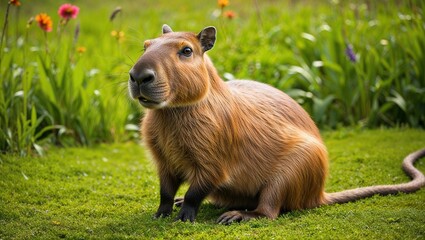 a majestic capybara, the world's largest rodent, majestically posed in a lush, vibrant green meadow, surrounded by tall grasses and colorful wildflowers, with a serene expression on its rounded face, 