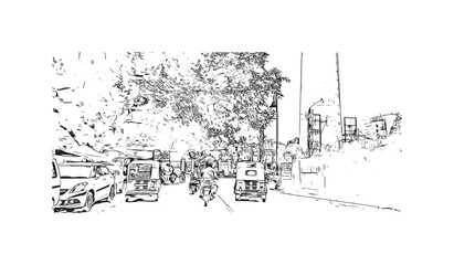 Building view with landmark of Varanasi is the city in India. Hand drawn sketch illustration in vector.