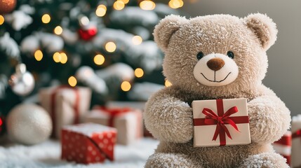 Cute Bear Holding a Gift Box by a Christmas Tree