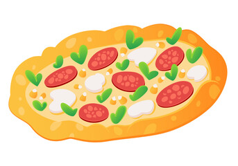 Pizza hot Italian fast food. Italian takeaway food. Snack with salami, mozzarella cheese, greens, spinach, or arugula top view. Vector flat illustration drawn by hand isolated on white background