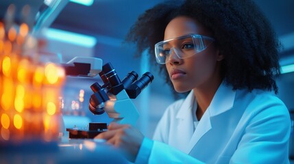 dedicated scientist observes samples through a microscope in a laboratory filled with glowing glassware, highlighting an atmosphere of focused research and discovery
