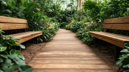 A beautiful indoor garden scene featuring a wooden boardwalk flanked by lush greenery and colorful flowers, inviting a peaceful stroll through a serene environment.