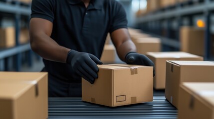 person wearing black gloves carefully places a cardboard box on a conveyor belt in a busy warehouse. environment is organized, and boxes are lined up for processing and shipment