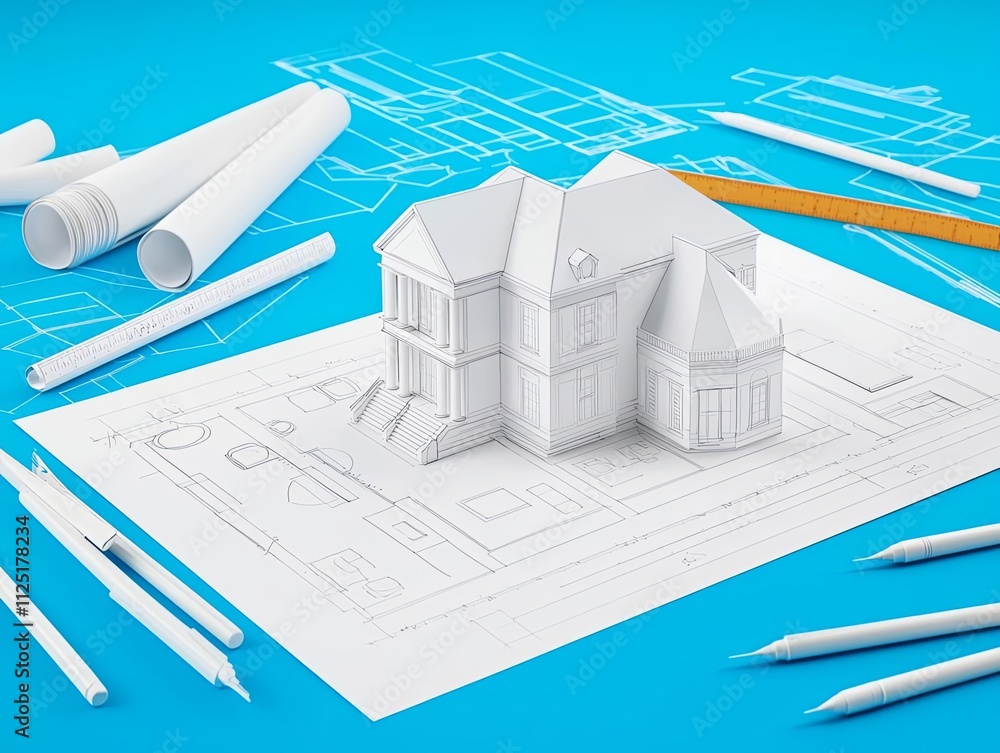 Poster a 3d house model on blueprints with design tools for architectural planning.
