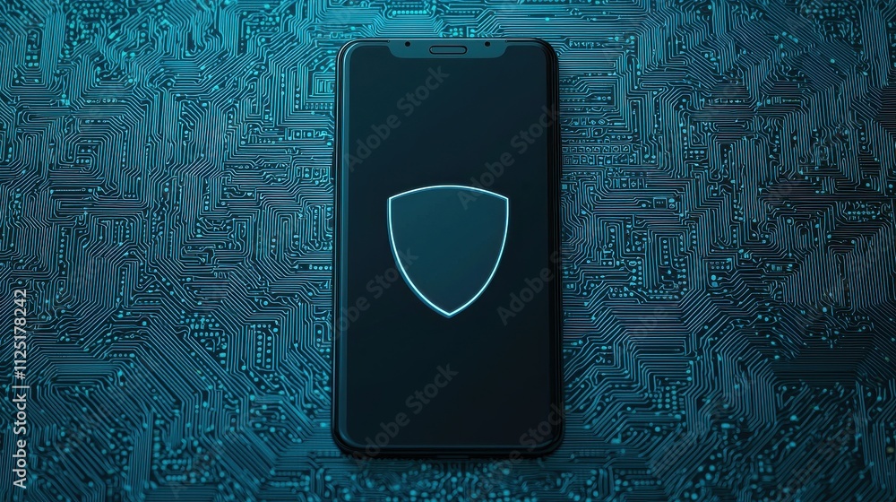 Poster smartphone with shield icon on circuit background
