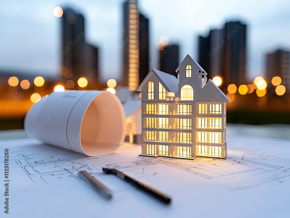 Poster a miniature model of a building on architectural blueprints at dusk.
