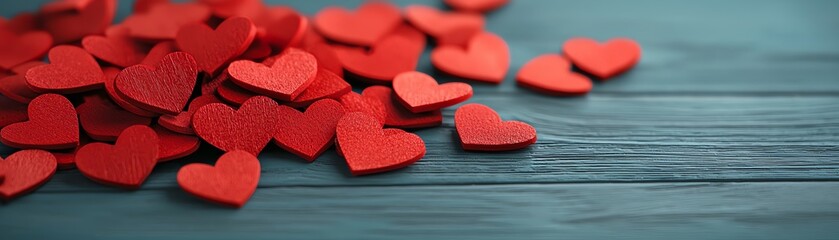 Obraz premium Colorful red hearts scattered on a wooden surface, symbolizing love and affection.