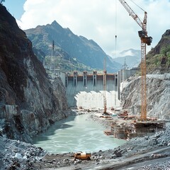 Construction process of a dam in a mountainous setting, showcasing machinery and nature.