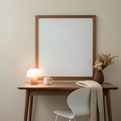 Poster Frame Mockup in a Minimalistic Workspace with Wooden Desk and Modern Decor Accents

