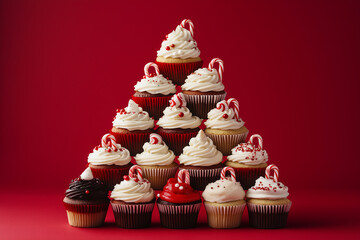 A vibrant display of holiday-themed cupcakes is arranged in a pyramid shape