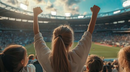 A girl celebrates a goal at a packed stadium, arms raised in victory, surrounded by fellow fans.