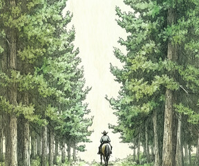 a watercolor illustration of a cowboy riding a horse through pine trees forest. Vintage style card illustrated - throwback western. Storybook style.
