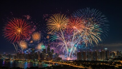 Vibrant fireworks over city skyline at night American Independence Day