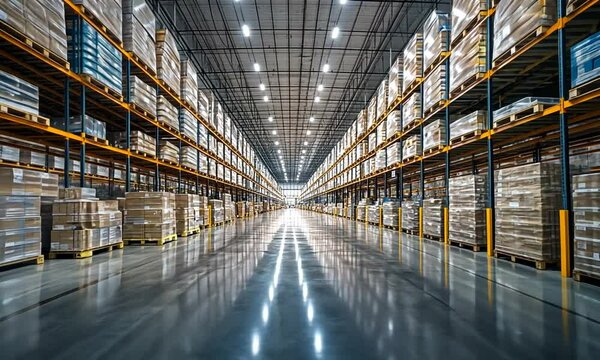 A spacious warehouse with organized shelves and stacked pallets.