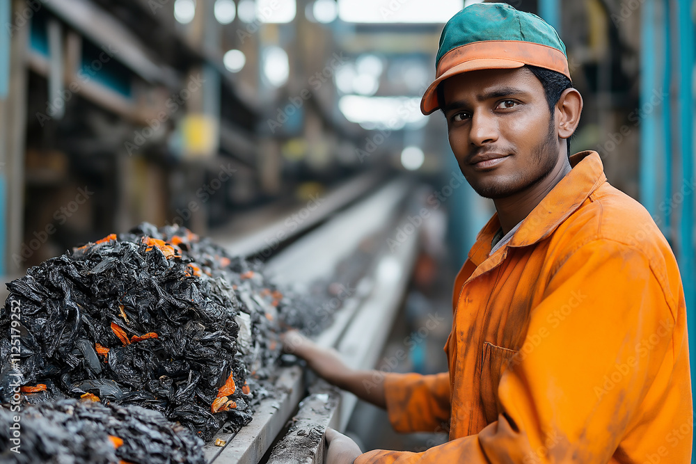 Poster worker at a recycling facility managing processed materials in a busy environment. generative ai
