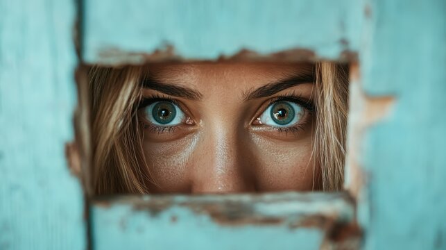 Striking blue eyes gaze piercingly through a gap in weathered wood, evoking curiosity and enigma with an artistic flair in its composition and light contrasts.