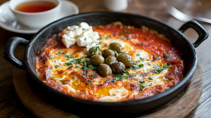 Menemen dish with a side of olives, feta cheese, and a cup of Turkish tea