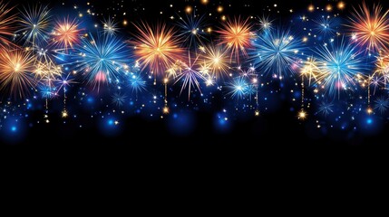 Fototapeta premium Bursting fireworks in shades of blue, gold, and orange against a starry black sky, symbolizing celebration, energy, and joy.
