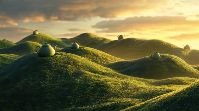 Teapots atop rolling green hills at sunset.