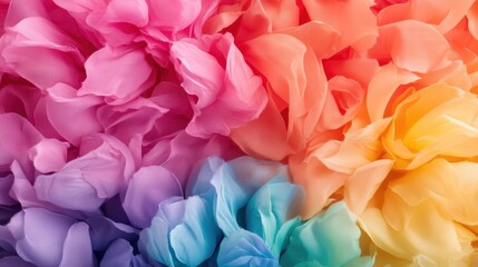 A vibrant display of textiles featuring a lush rainbow of colors unfolds, conveying a sense of diversity, creativity, and expressive artistry.