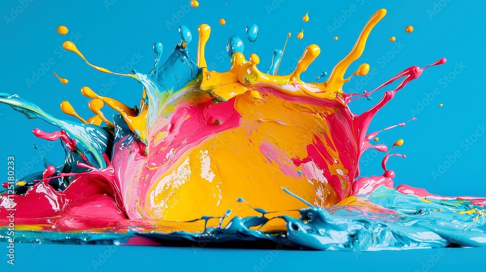 Poster vibrant circular paint splashes, a dynamic display of colorful paint droplets forming a lively round