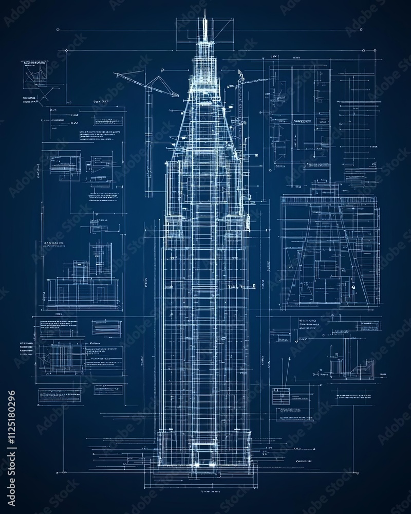 Poster blueprint design of a skyscraper highlighting architectural details and dimensions.