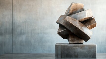 An industrial-style sculpture with geometric shapes tied together, placed against a textured concrete background, symbolizing strength and modernity.