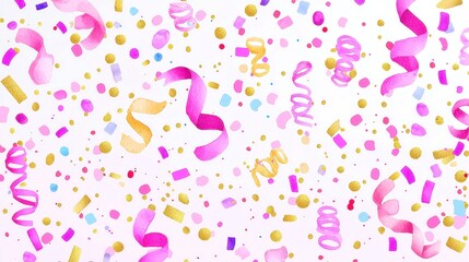 Vibrant Hand-Drawn Confetti and Streamers, Multicolored collection featuring pink, violet, gold, yellow hues, ideal for festive design and decoration purposes.