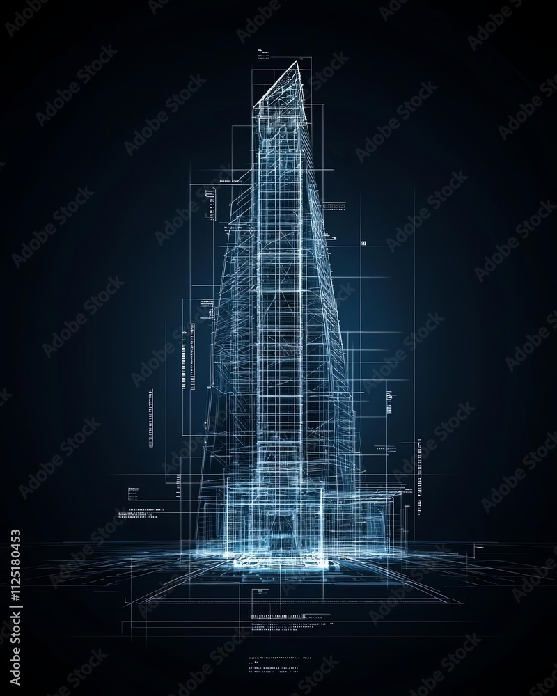 Poster futuristic architectural design blueprint of a skyscraper in luminous style.