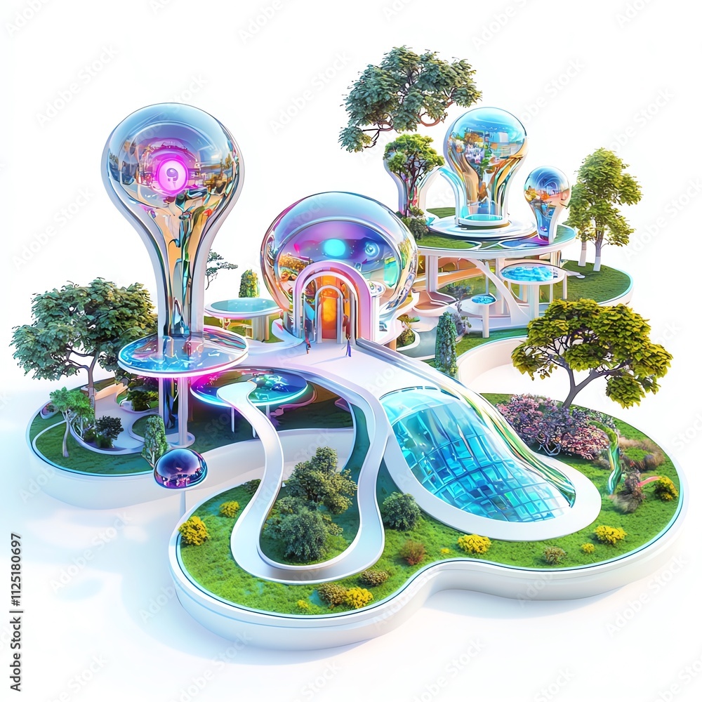 Poster futuristic architecture featuring transparent structures and lush greenery.