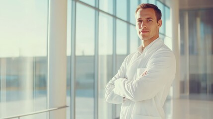 Fototapeta premium Confident male doctor in a white coat standing with arms crossed in a bright hospital hallway with large glass windows, exuding professionalism.